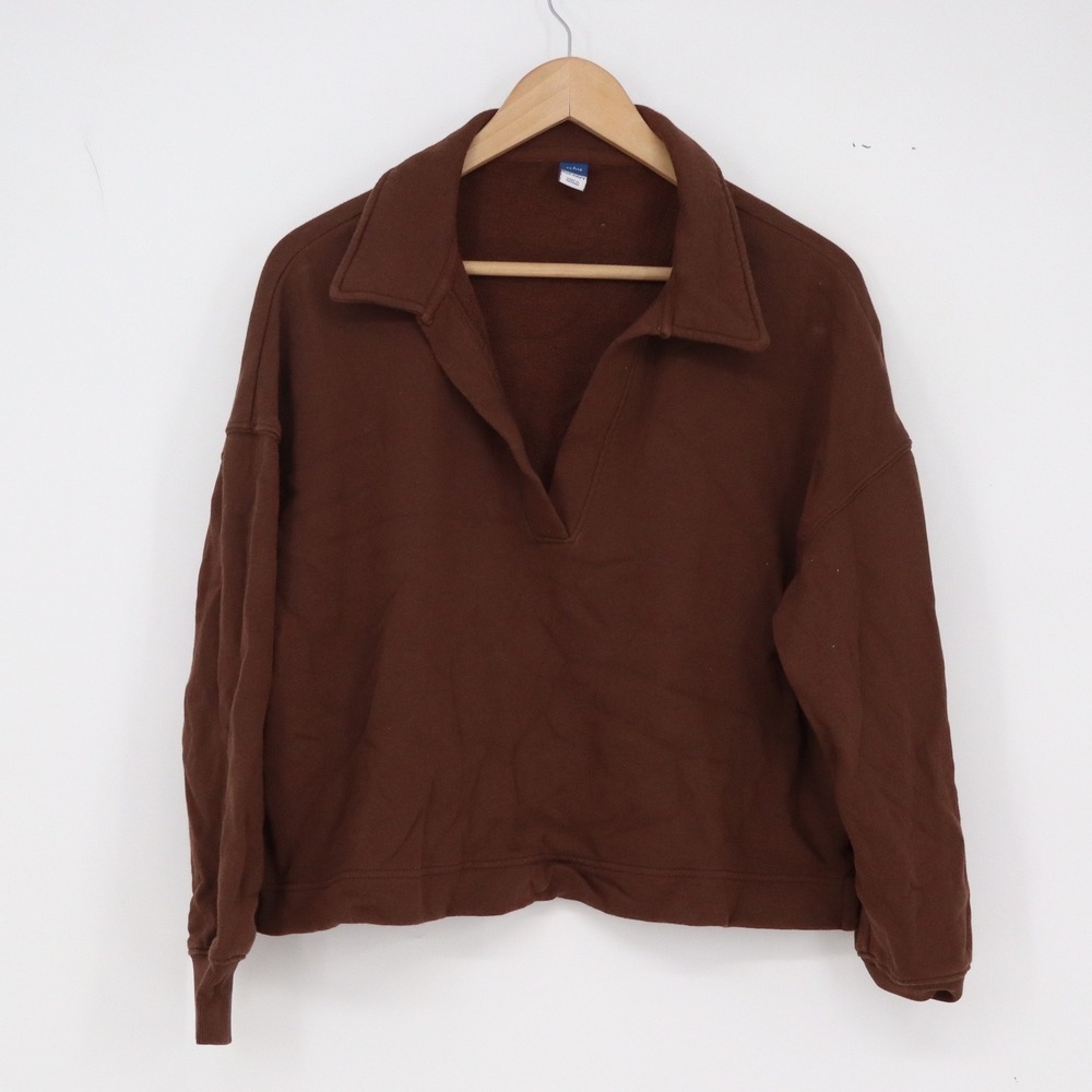 Old Navy Sweatshirt Womens SP Polo Neck Brown Relaxed Cropped Fleece Excellent